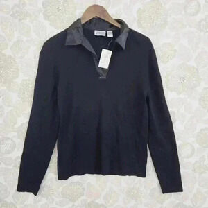 NWT Chicos Design Black Sweater Size 2/ L Silk Collar Viscose/Nylon Blend
